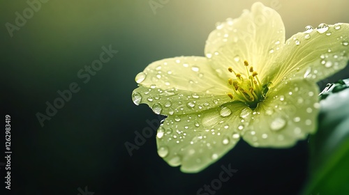 A macro shot of dewdrops on delicate cherry blossoms, glowing softly in the morning sunlight