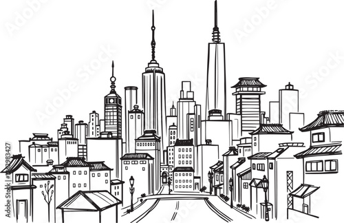 City landscape. Different buildings on street, outline cityscape hand sketch, flat houses. Hand drawn vector illustration