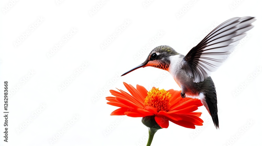 Naklejka premium a hummingbird feeding from a bright red flower, captured in golden sunlight, stunning realism, isolated on white background