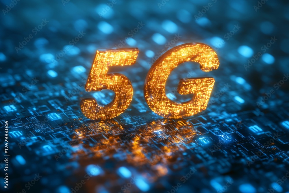 Futuristic 5G Network Technology Illuminated Digital 5G Logo on Circuit Board