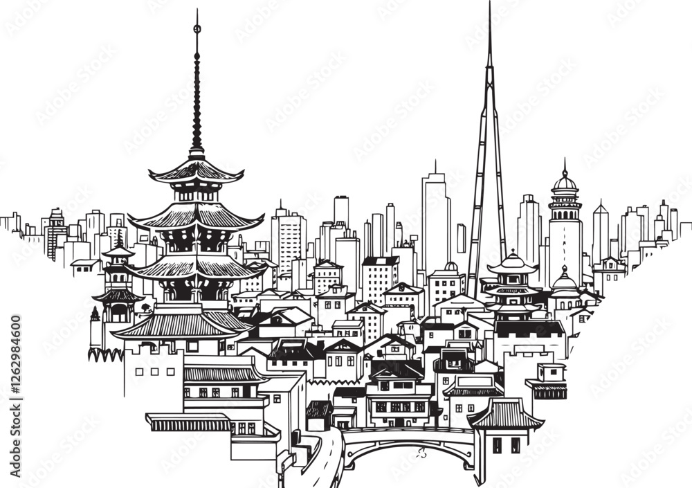 Obraz premium City landscape. Different buildings on street, outline cityscape hand sketch, flat houses. Hand drawn vector illustration
