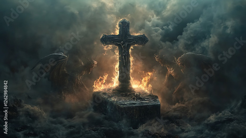 In a hellish landscape filled with swirling smoke and fire, a meticulously carved cross sits on an ancient, decaying coffin, guarded by demonic figures. The demons, with dark, twisted wings 