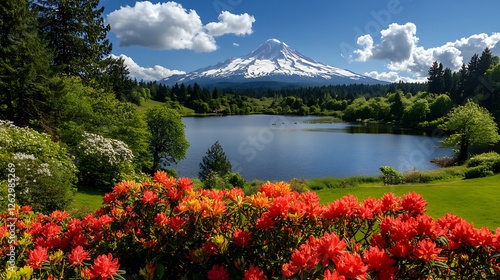 Springtime Mountain Lake Serenity: Vibrant Azaleas and Majestic Peak AI Generated