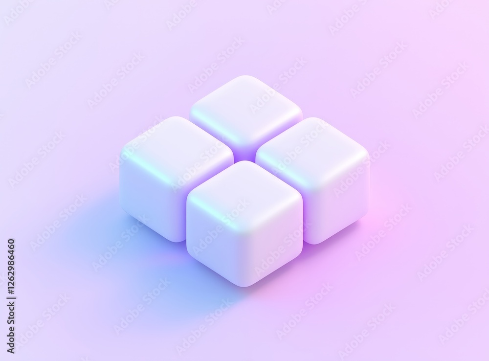 Four glossy white cubes in a pastel gradient setting create a modern abstract art piece. Four glossy white cubes in a pastel gradient setting create a modern abstract art piece.