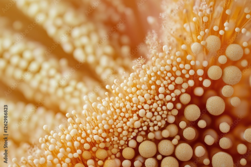 Close-up of a cluster of tiny, golden, spherical structures resembling a dense, textured surface. Close-up of a cluster of tiny, golden, spherical structures resembling a dense, textured surface.