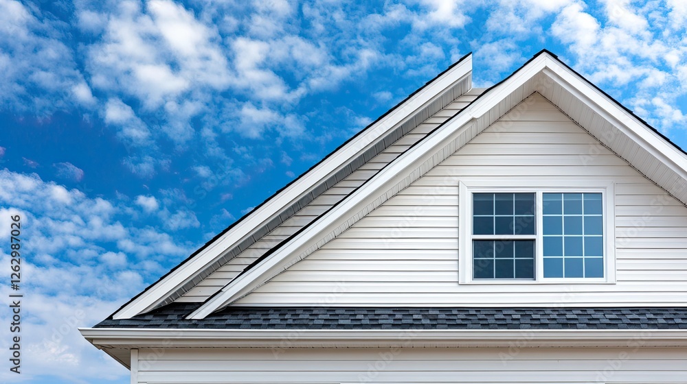 Close-up view of a modern home featuring gray shingle walls and gable roofs under a bright blue sky in New England Close-up view of a modern home featuring gray shingle walls and gable roofs under a bright blue sky in New England