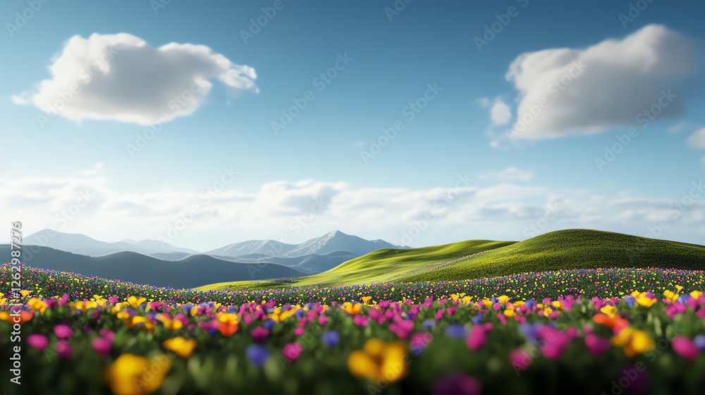Wildflowercovered hillside, colorful springtime beauty, 3D illustration Wildflowercovered hillside, colorful springtime beauty, 3D illustration