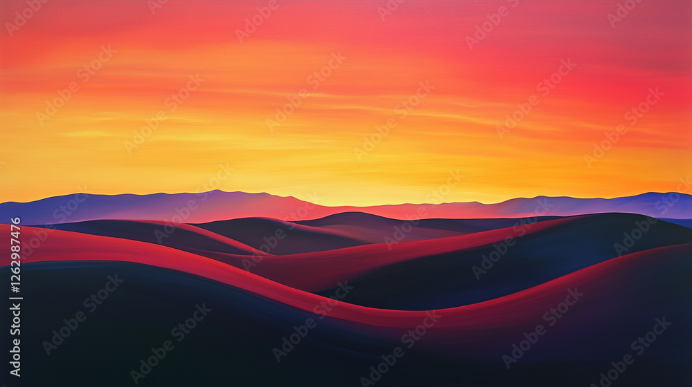 Obraz premium A desert at sunset, with the dunes casting long shadows and the sky glowing orange and pink