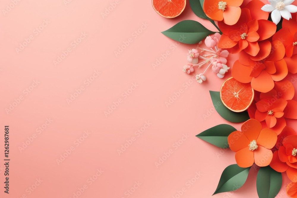 Naklejka premium Corner floral composition with orange flowers, citrus slices and green leaves on coral pink background, copy space. Decorative frame for Mother's day, Valentine's day, birthday, spring wedding