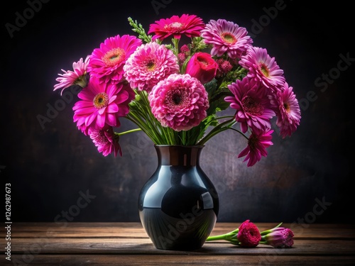 Stunning panoramic floral photography: a vibrant pink flower bouquet artfully arranged in an ebony glass vase.