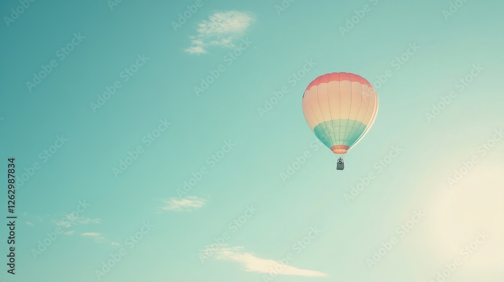 Naklejka premium Hot Air Balloon Floating in a Pale Blue Sky with Soft Clouds.