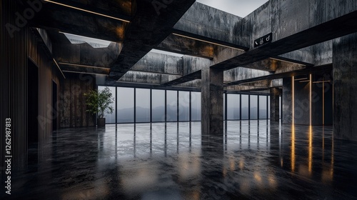 Industrial space reflection modern building interior photography urban environment wide angle fragility of design