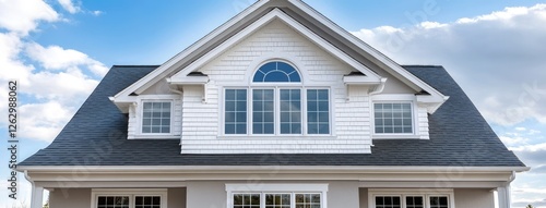 Close-up view of a modern home featuring gray shingle walls and gable roofs under a bright blue sky in New England