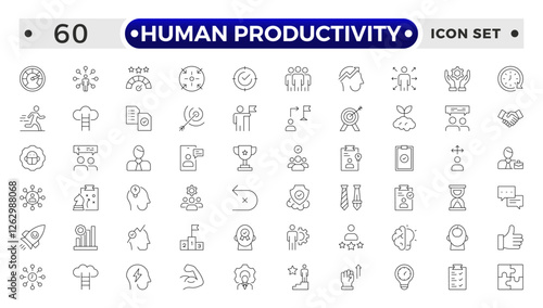 Human Productivity outline icon set productivity and efficiency. Linear business and leader symbols efficiency, task, focus, multitasking, workflow, growth, routine, project management.