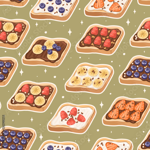 Seamless Pattern with Sweet Healthy Toasts with Fresh Berries. Nutritious and Delicious snacks. Vector.