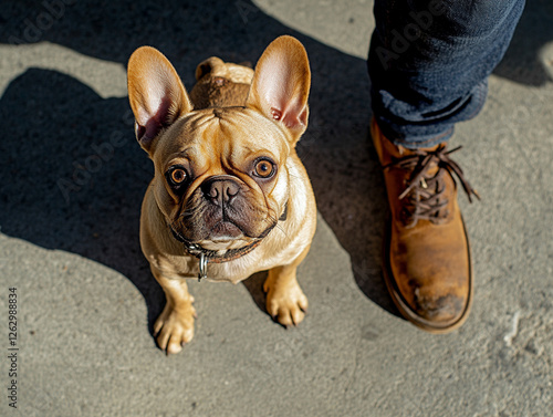 A French Bulldog with big ears is sitting on the ground beside a person's brown boot on a bright and clear day, radiating charm photo