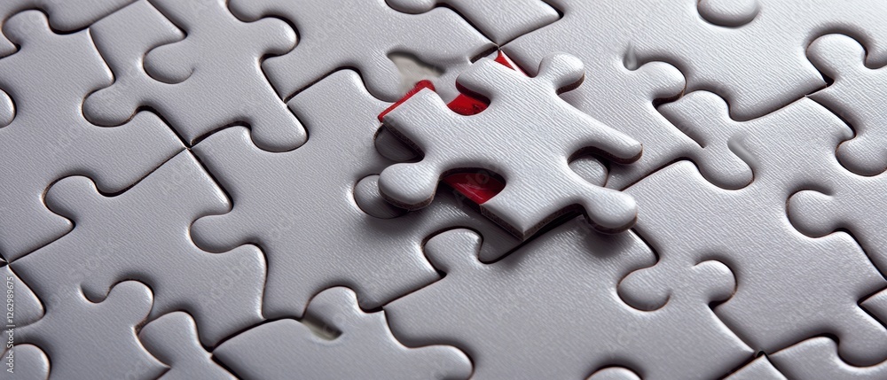 A solitary puzzle piece sits atop a larger assembly of gray pieces, highlighting its unique red color and inviting curiosity about its connection. A solitary puzzle piece sits atop a larger assembly of gray pieces, highlighting its unique red color and inviting curiosity about its connection.