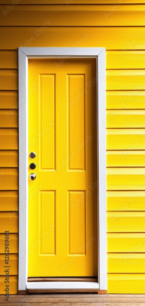 Fototapeta premium A vibrant yellow door stands against a bright yellow wall, framed in white, creating a cheerful and inviting entrance.