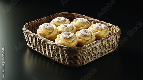 A serving of Korean kkwabaegi (twisted doughnuts) with a dusting of powdered sugar, served in a woven basket  photo