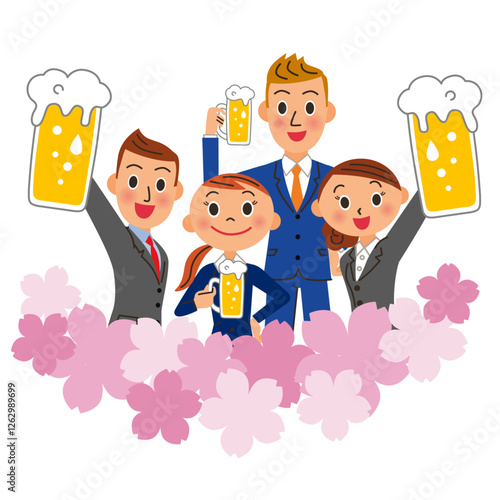 桜の花に囲まれてビールを飲む会社員達