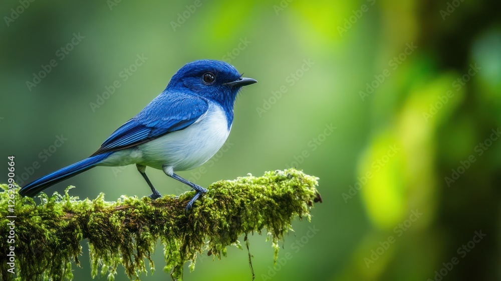 Obraz premium Stunning Blue Bird on Mossy Branch in Lush Green Forest