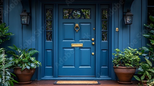 Bright blue front door with a classic knocker and potted plants on each side creating a charming and welcoming atmosphere  Clean background with available copy space
