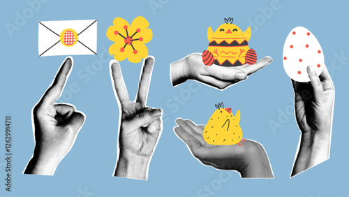 Easter retro collage with hands, chickens, flower and egg. Vector design