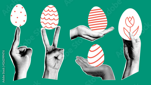 Retro collage with cut out hands and Easter eggs. Festive set of vintage elements.