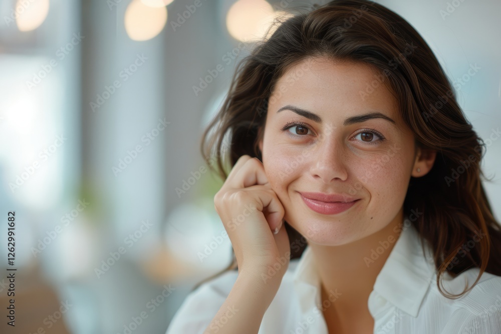 Young woman smiling indoors with soft lighting. Neural network AI generated Young woman smiling indoors with soft lighting. Neural network AI generated