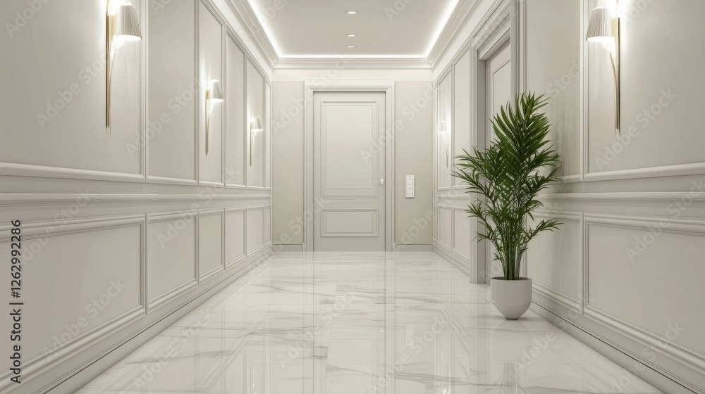 Elegant Modern Hallway with Marble Floor and Stylish Light Fixtures Elegant Modern Hallway with Marble Floor and Stylish Light Fixtures