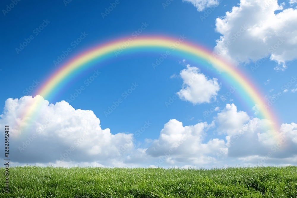 Rainbow arcs over grass field against a blue sky with white clouds, idyllic nature scene Rainbow arcs over grass field against a blue sky with white clouds, idyllic nature scene
