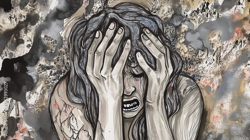 A surreal, artistic depiction of a person struggling with depression and anxiety, hands on their head, surrounded by chaotic and dark elements representing inner turmoil and overthinking.