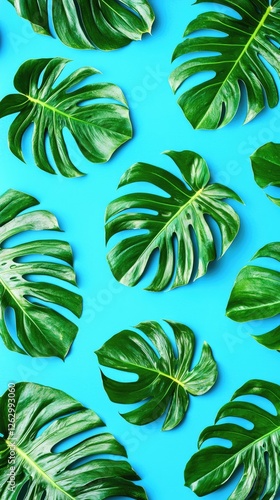 Tropical leaves pattern, blue background, summer, flat lay, design photo