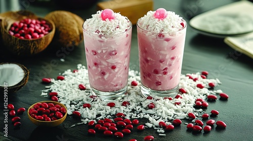 Indonesian es kacang merah with red beans, shaved ice, coconut milk, and palm sugar syrup, served in a traditional glass 
