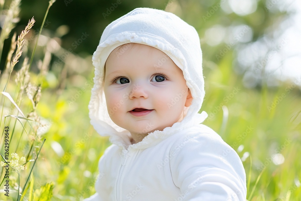 Baby in white attire smiles outdoors in sunny field with bokeh Baby in white attire smiles outdoors in sunny field with bokeh
