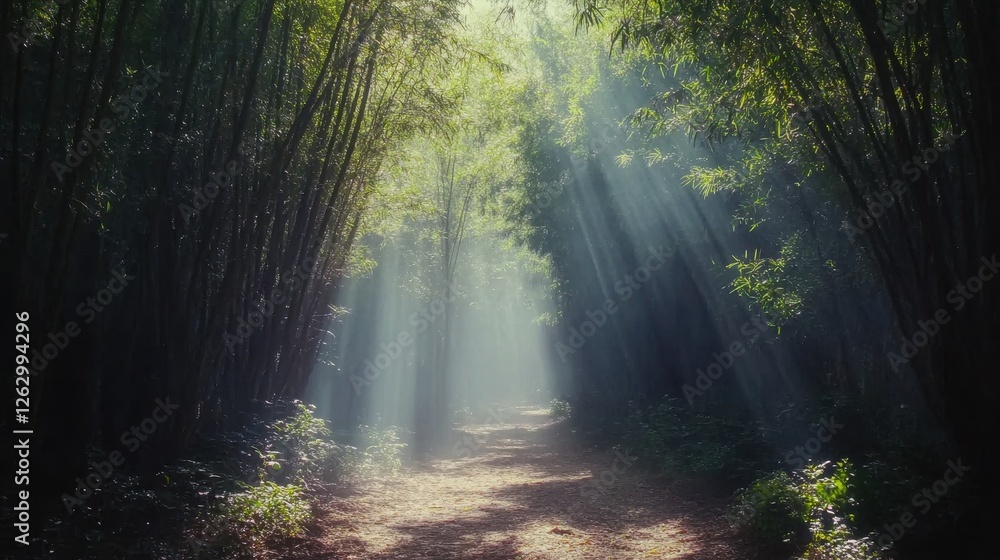Fototapeta premium Enchanting Bamboo Forest Path with Sunbeams Filtering Through the Canopy