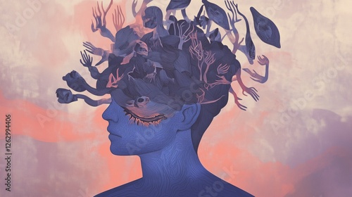 A surreal, artistic depiction of a person struggling with depression and anxiety, hands on their head, surrounded by chaotic and dark elements representing inner turmoil and overthinking.