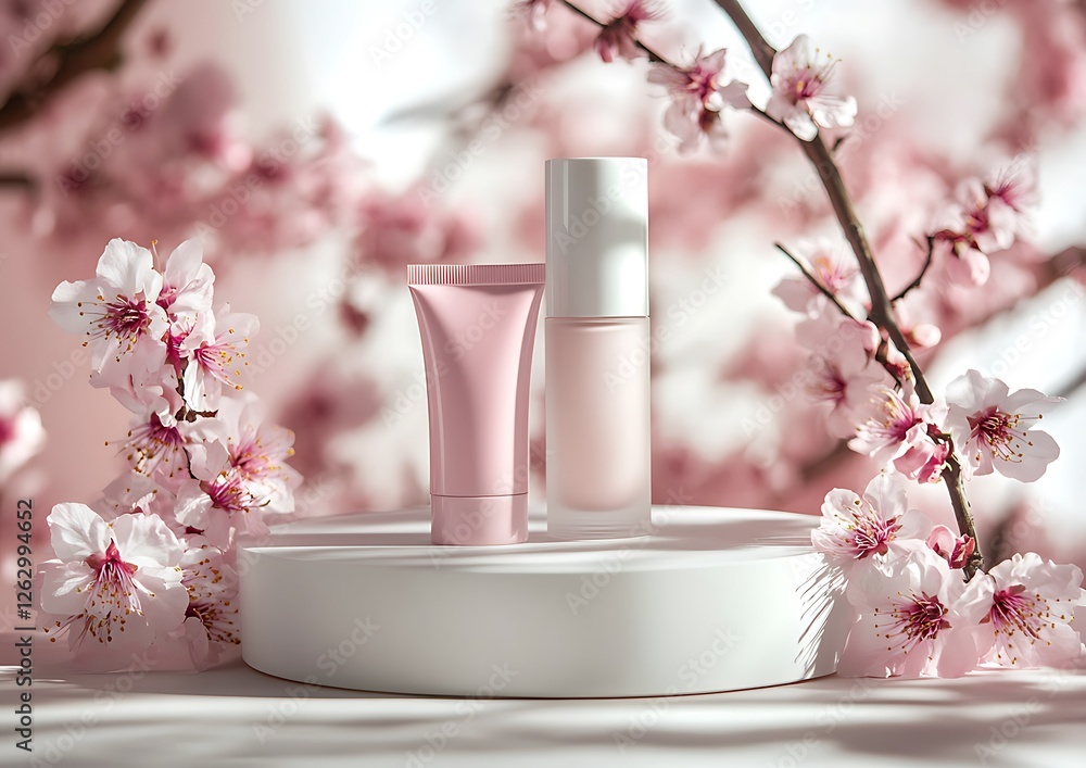 Set of cosmetic tube and jar with spring podium background Set of cosmetic tube and jar with spring podium background
