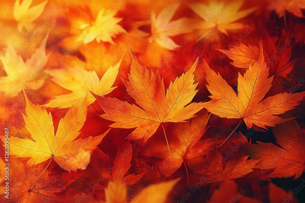 Vibrant orange and yellow maple leaves in autumn forest with soft sunlight Vibrant orange and yellow maple leaves in autumn forest with soft sunlight