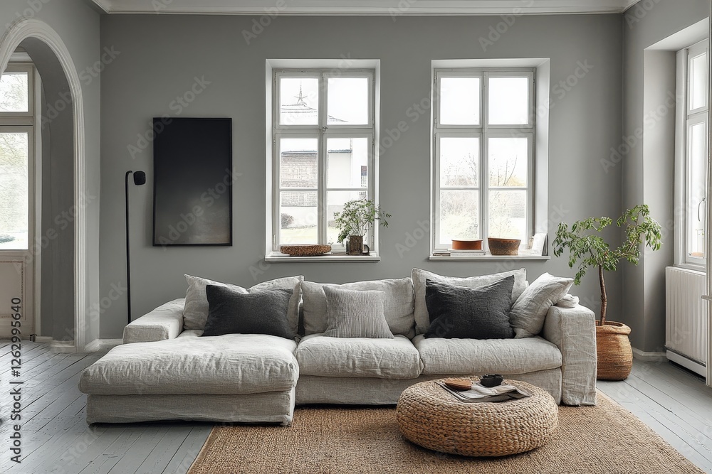 Fototapeta premium Modern living room with spacious sofa, natural light, and minimalist decor in a stylish home setting