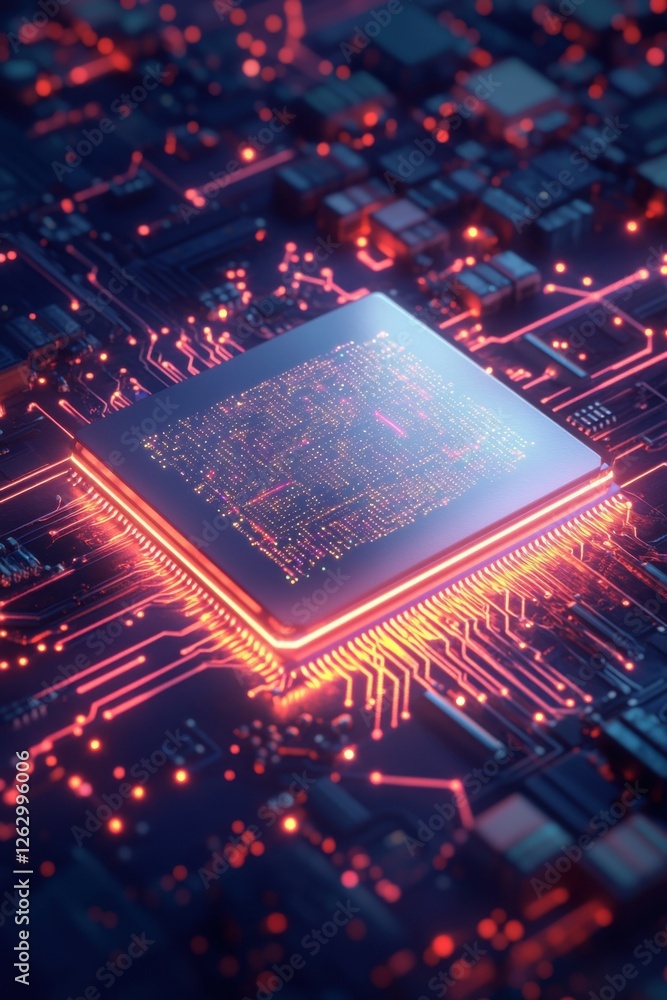 Glowing Central Processing Unit on Motherboard