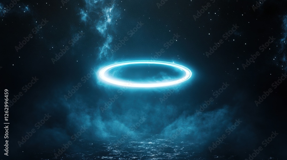 Obraz premium Surreal Neon Halo Above Dark Ocean Under Starry Night Sky Moody Abstract Background.