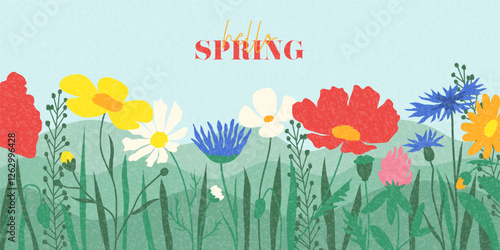 Abstract Spring horizontal banner. Hand-drawn field of flowers for decoration spring events, Mother's Day, Easter, Women's Day. Beautiful spring meadow with flowers blossom. Concept of spring cover.
