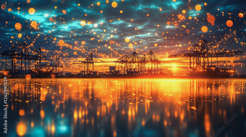 Naklejka premium Container truck in ship port for business Logistics and transportation of Container Cargo ship and Cargo plane with working crane bridge in shipyard at sunrise, logistic import export and transport