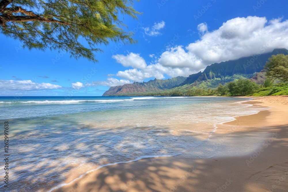 Tropical beach scene with ocean waves and scenic mountains in the background Tropical beach scene with ocean waves and scenic mountains in the background