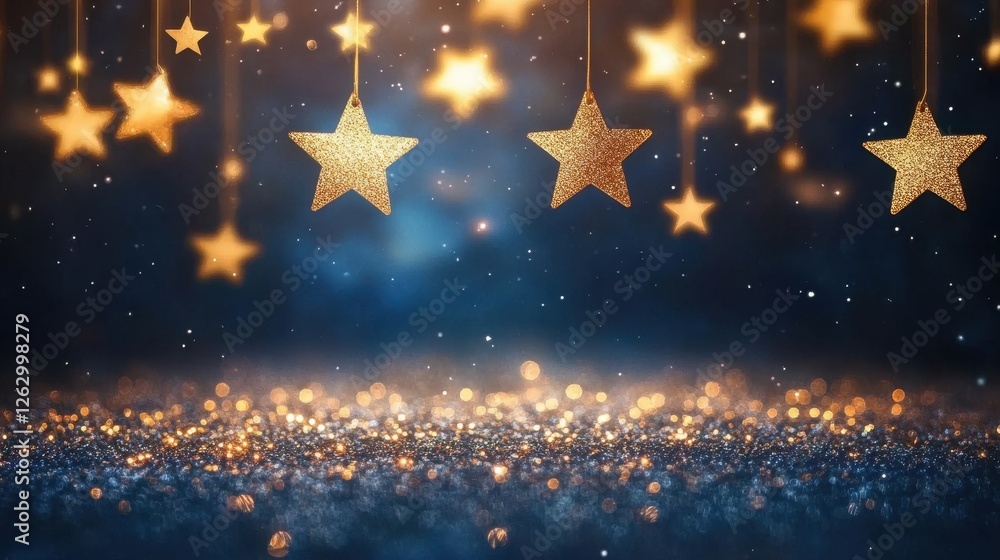 Fototapeta premium Sparkling Golden Stars on Dark Blue Background Festive Holiday Magic