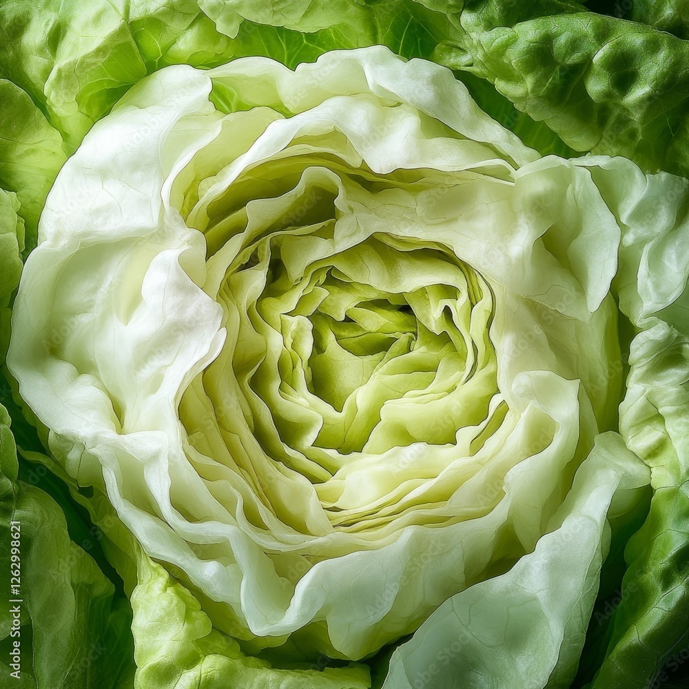 Fototapeta premium an iceberg lettuce with light green outer leaves transitioning to a pale yellow at the heart
