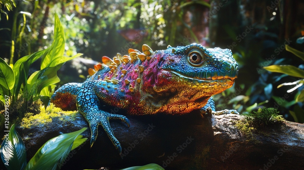 Colorful tropical lizard resting on a log amidst lush foliage in a rainforest during daylight Colorful tropical lizard resting on a log amidst lush foliage in a rainforest during daylight