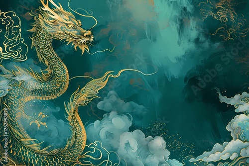 Traditional golden Chinese dragon on turquoise mystical background with swirling clouds and copy space. Asian New Year, Dragon Boat Festival, Spring Festival design photo