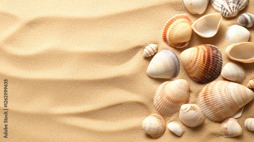 serene beach scene featuring various seashells scattered on soft sand, evoking sense of tranquility and nature beauty serene beach scene featuring various seashells scattered on soft sand, evoking sense of tranquility and nature beauty